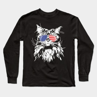 Funny Proud Maine Coon American Flag Sunglasses Gift Big Cat Long Sleeve T-Shirt